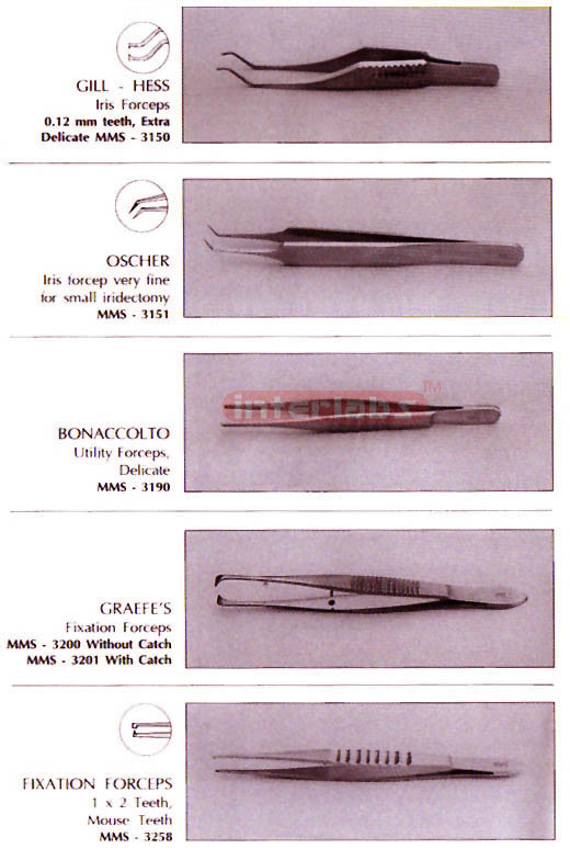 Forceps (Gill-Hess, Oscher, Bonnaccolto, Graefe's, Fixation Forceps )